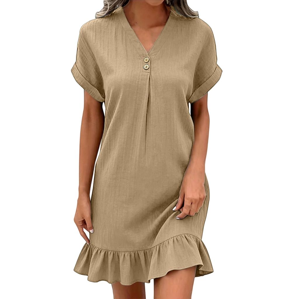 Women's Casual Pullover Dress V Neck Short Sleeve Button Detail Relaxed Fit Ruffle Hem Lightweight Fabric Summer Vacation Dress