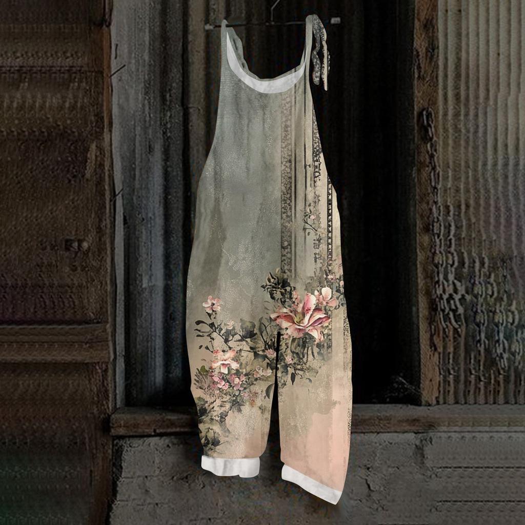 Mono de Mujer con Estampado de Mariposas, Casual Suelto y Retro con Tirantes, Algodón y Lino