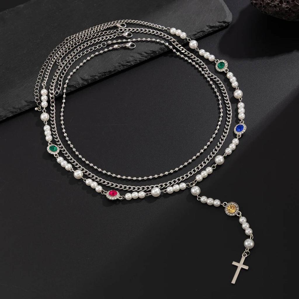 Salircon 3Pcs/Set Punk Stainless Steel Chain Jesus Cross Pendant Necklace Men Exquisite Imitation Pearl Choker Y2K Jewelry Gifts