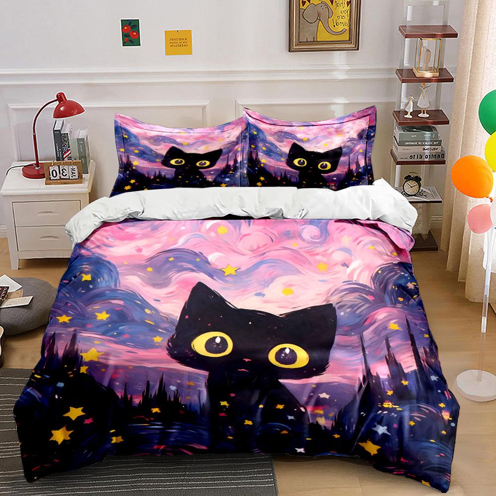 Starry Night Cat Art Set Multiple Sizes Kid'S And Adults' Bedroom Exquisite 3Pc Bedding Set, Gift
