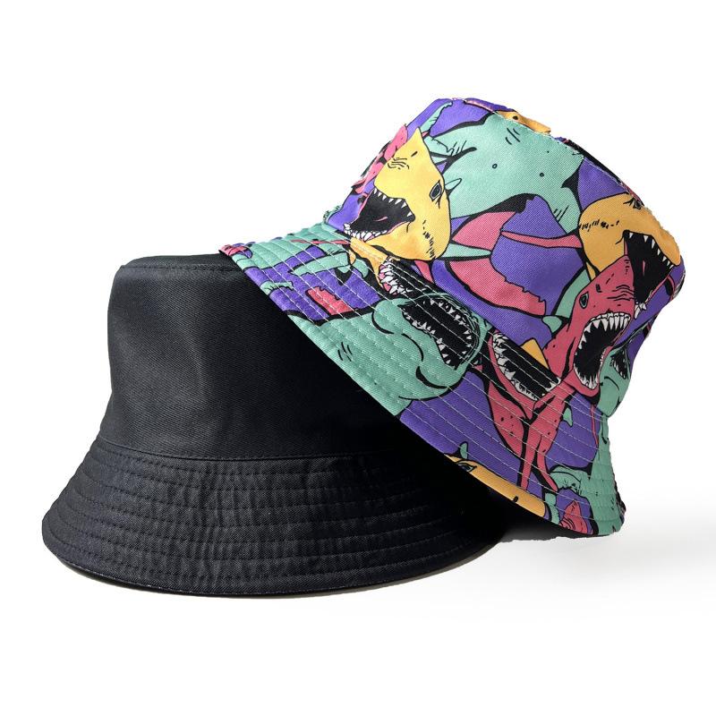 Vintage Fashion Retro Pattern Shark Print Bucket Hat Women's Outdoor Sun Hat Double-sided Can Wear Pot Hat