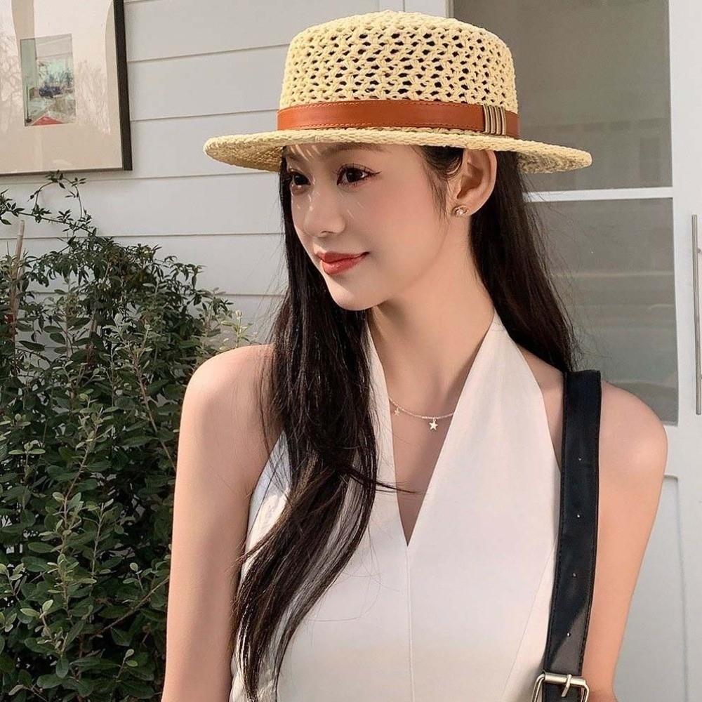 Breathable Mesh Handwoven Sun Cap Sun Protection Flat Top Beach Hat Summer Honeymoon
