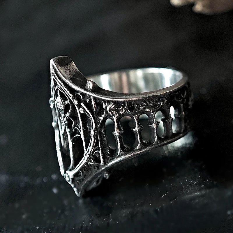 Vintage Gothic Style Ring with Intricate Architectural Design Engraved Pattern Adjustable Band for Men and Women