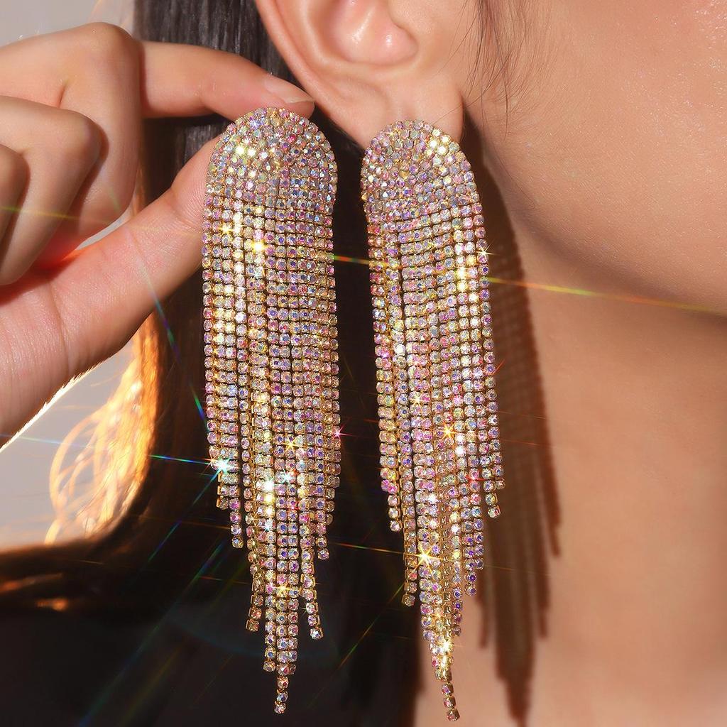 European & American Gradient Diamond Tassel Earrings for Women – High-End Design