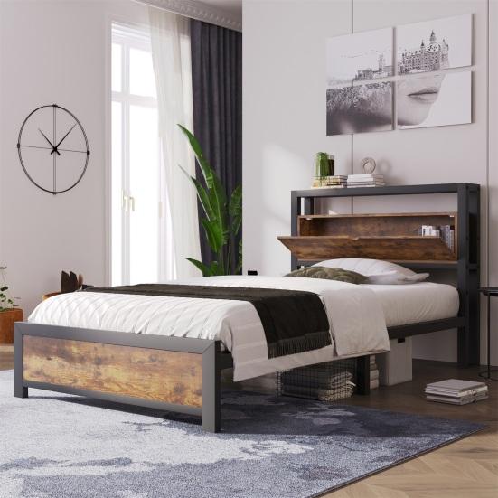 Platform Bed Metal with Storage Headboard Strong Load Bearing Adult Single Slats Frames Home Furniture Space Head