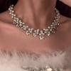 Elegant Diamond Flower Pearl Stud Earrings & Necklace Set