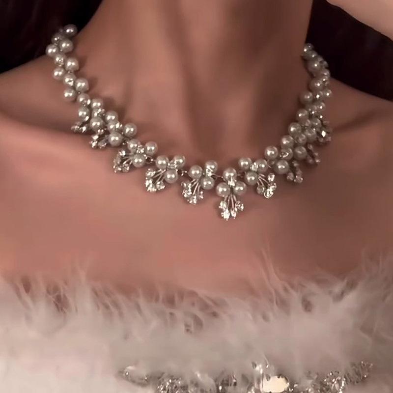 Elegant Diamond Flower Pearl Stud Earrings & Necklace Set