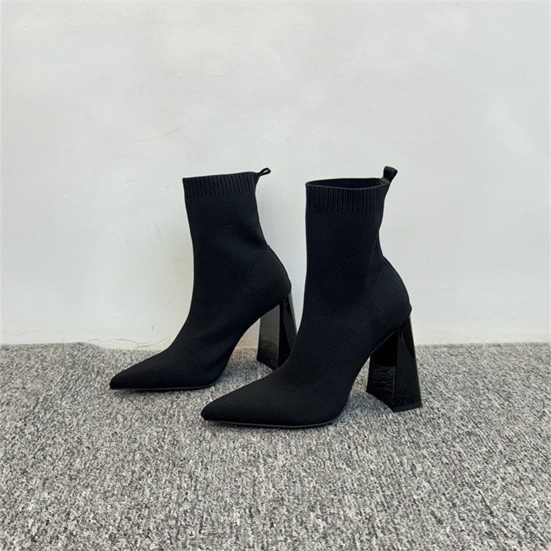 Pointed Thick-heeled Knitted Elastic Boots 2025 Winter New Versatile High-heeled Thin Boots Medium Tube Thin Elastic Socks Boots