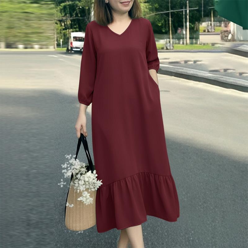 

ZANZEA Women Casual V-Neck Solid Color 3/4 Sleeve Midi Dress 5XL вина червоного кольору