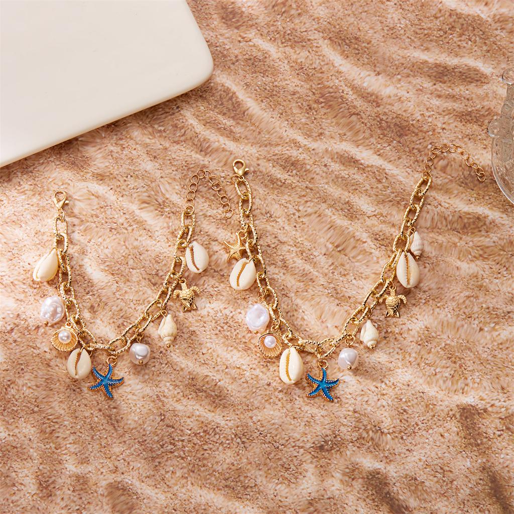 gold beaded bracelet, Bohemian style exquisite   conch pearl pendant bracelet adjustable, summer beach popular paper clip chain