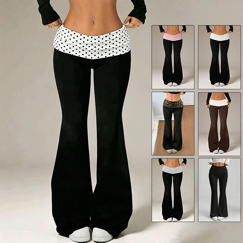 Women Low Rise Flare Pants Ruched Printed Waist Stretch Y2K Bell Bottom Long Trousers
