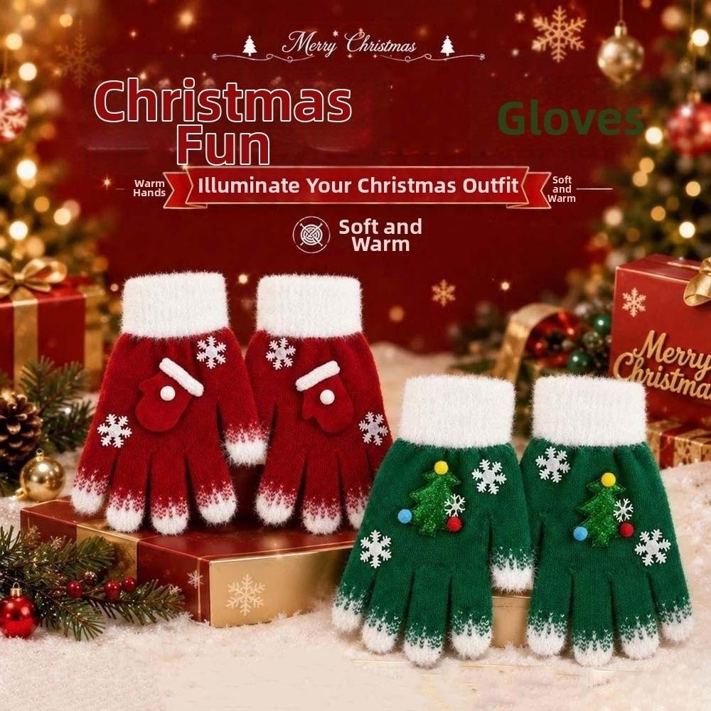 Red Green Winter Knit Mittens Knitted Woolen Full Finger Gloves Christmas Gloves  Party Wear