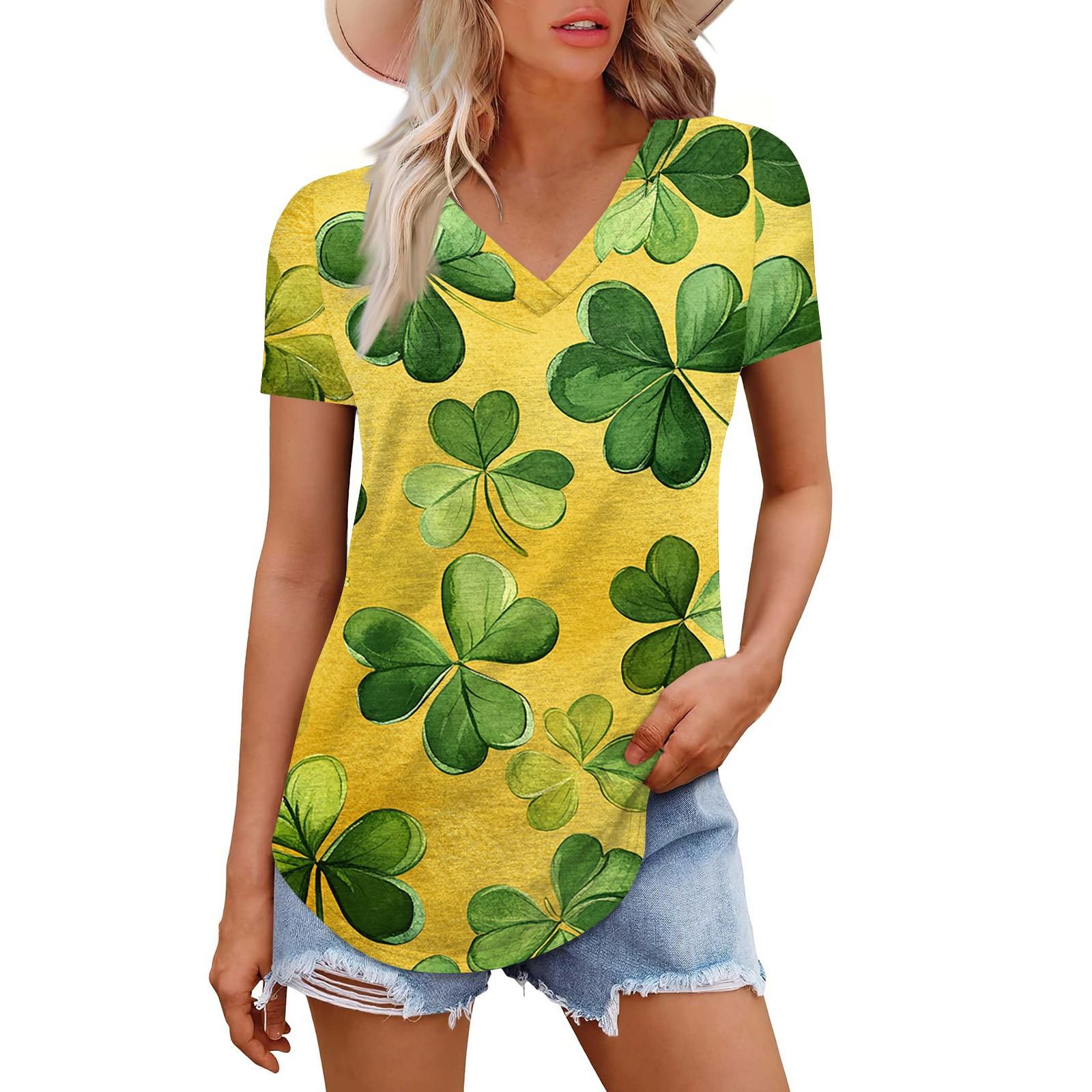 

Жіноча мода повсякденна з коротким рукавом і принтом у чотири листи. Футболка до Дня Патріка. Сорочка. Темпераментна сорочка. Верх із v-подібним вирізом XL жовтий