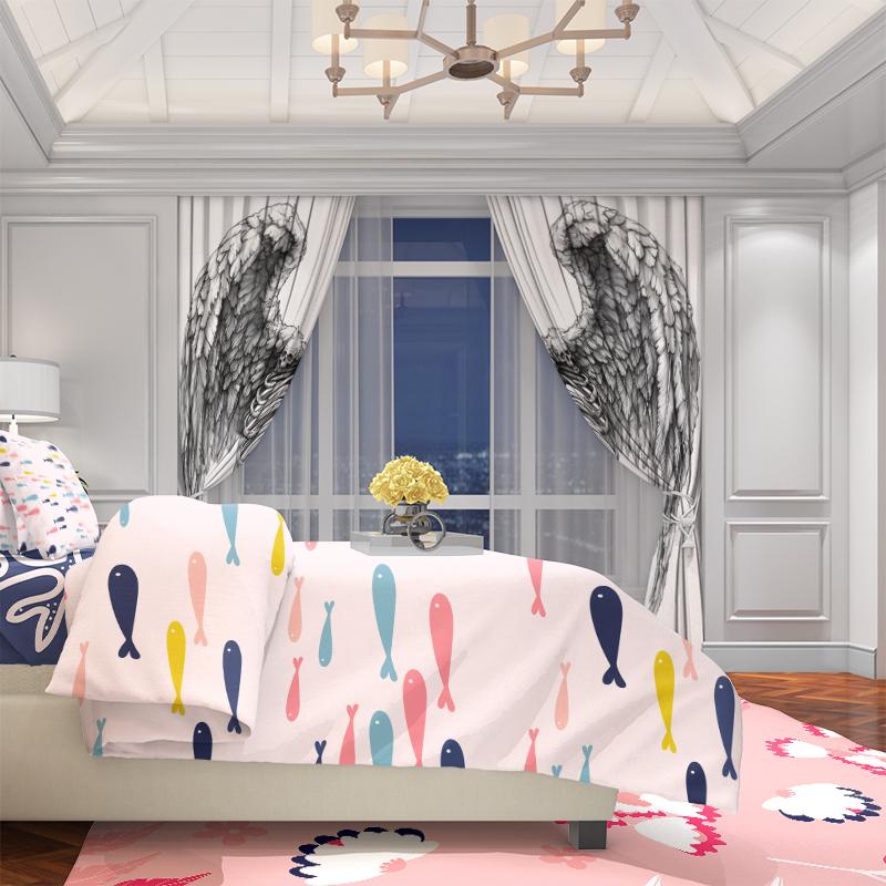 Wings Black and White Sketch -2pcs- Printed Curtain,100% Polyester Material, Suitable for Home Decoration