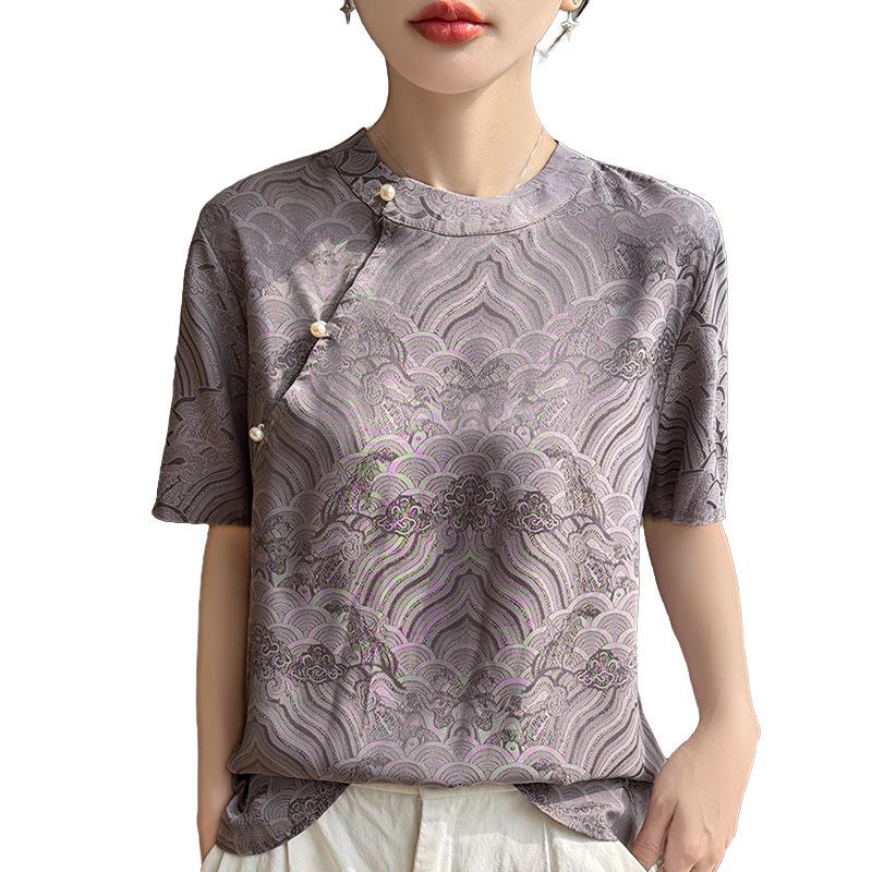 Summer New Round Collar Short-sleeved T-shirt Female National Style Foreign Style Show Thin Reduce Age Jacquard Jacket