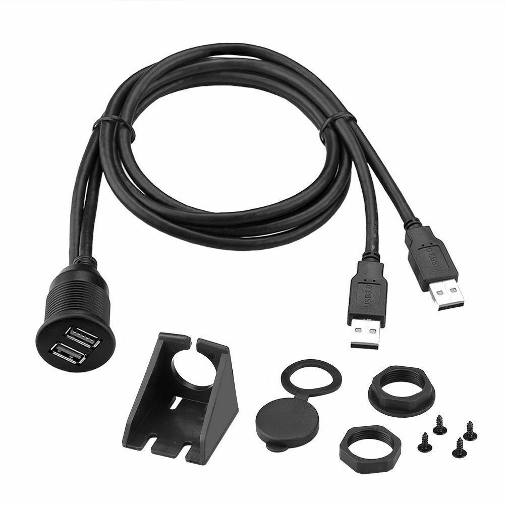Dual USB Jack Recessed Socket Adapter 1M Cable Connector Extension Car Auto Flush-mounted Cable Set