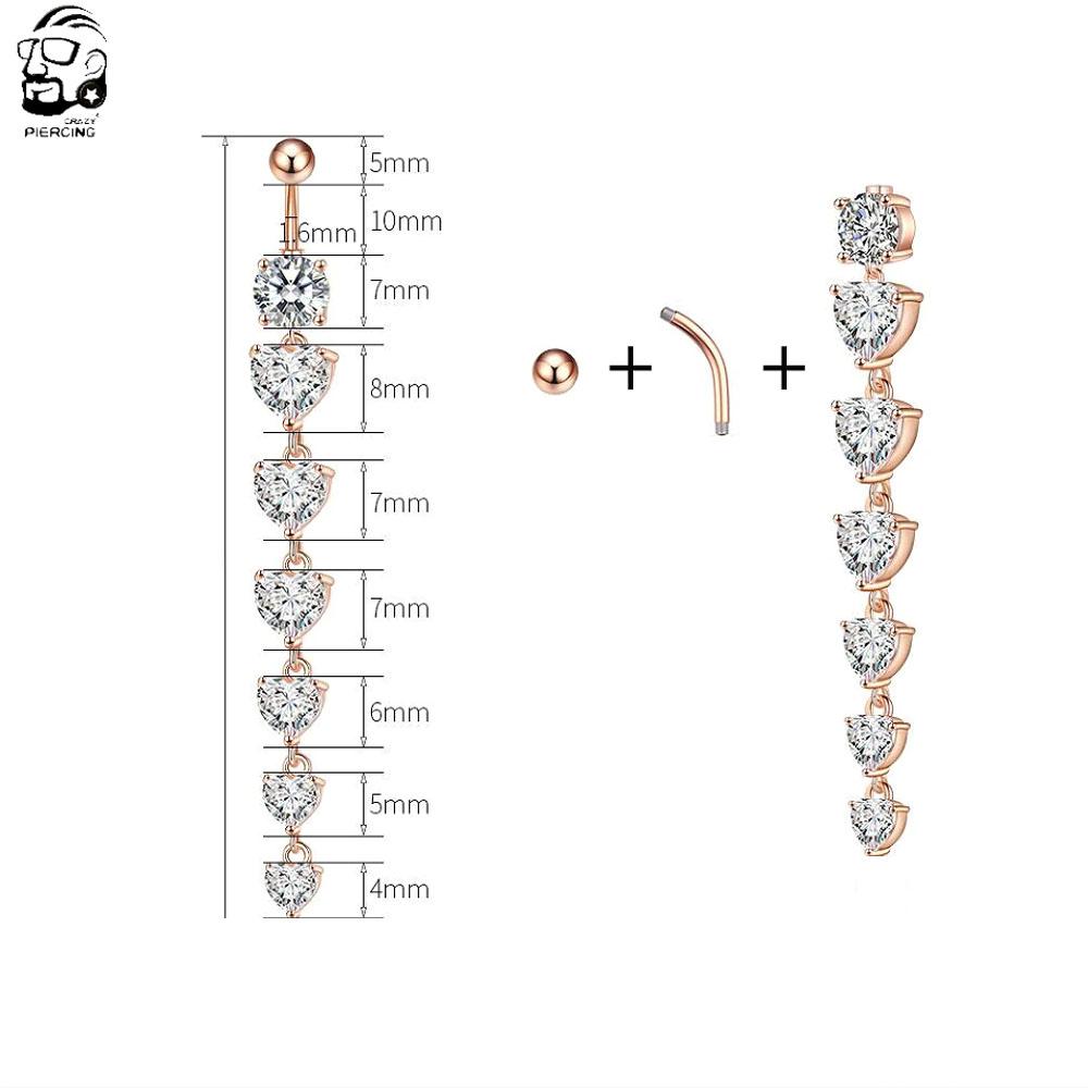 7 Cristales de Corazón Largos Colgantes Anillos para el Ombligo Acero Quirúrgico Lindo Piercing para el Ombligo Nombril 14g Barra Curvada Joyería para Piercings Corporales