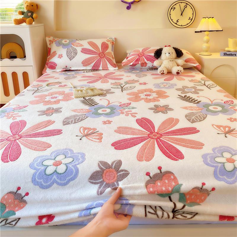 1pc Flannel Fleece Bed Sheet Flower Printed Thick Warm Bed Sheets for Winter Single/Queen/King Soft Plush Bed Sheet drap de lit