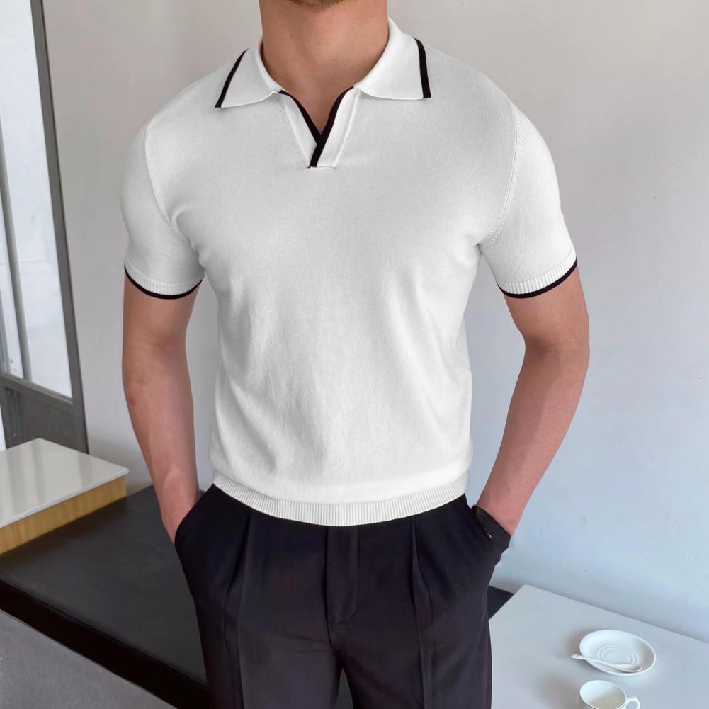 Summer Men Lapel Short Sleeve Shirt Striped Trim V-Neck Slim Fit Business Knitting Shirt Tops Elastic Pullover Tops