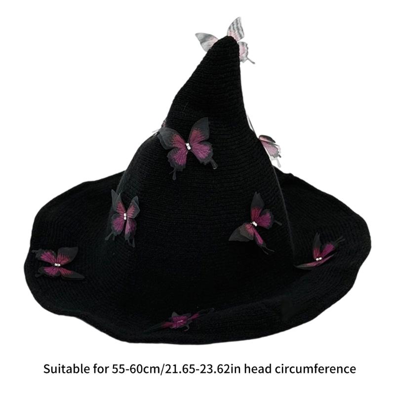 Halloween Knitted Witch Hat with Lovely Butterfly Accent Witch Costume Hat for Adults Costume Parties