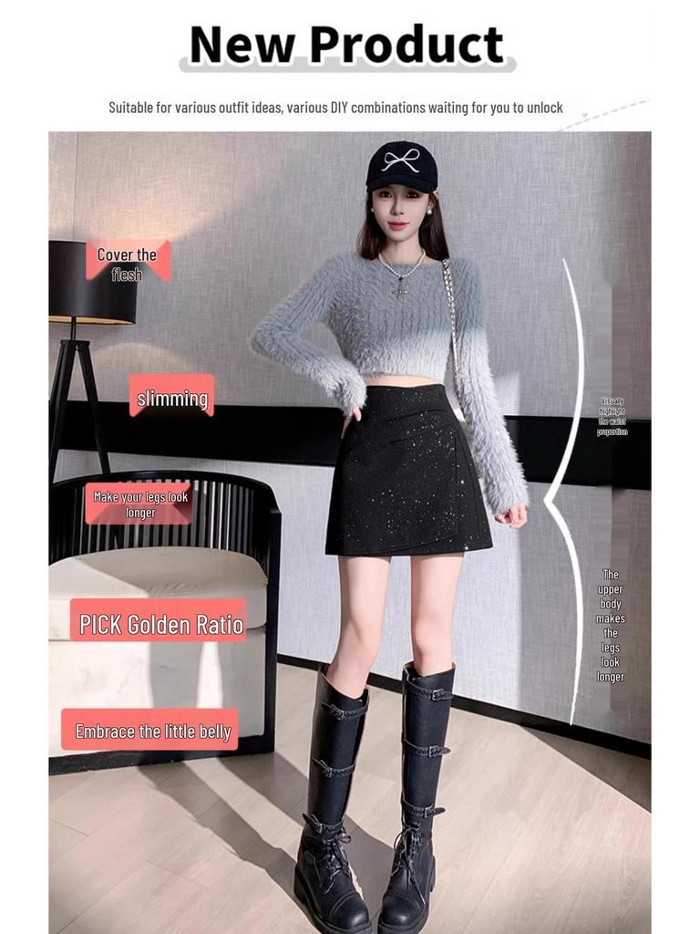 Gray Woolen Sequin Short Skirt - Women's Autumn/Winter 2025 French-Style High-End Design
