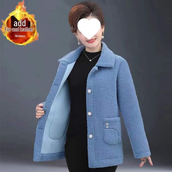 Mid-Length Fleece-Lined Faux Lamb's Wool Coat for Middle-Aged Women