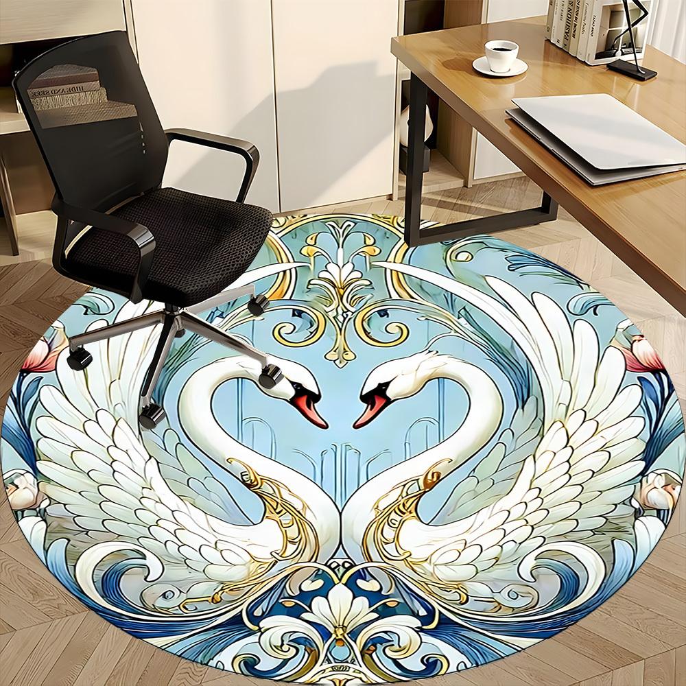 1pc Swan Art Office Round Area Rug, Indoor Mat Suitable ForOffice, Under Office Chairs Bedroom Living Room Home Decor D019