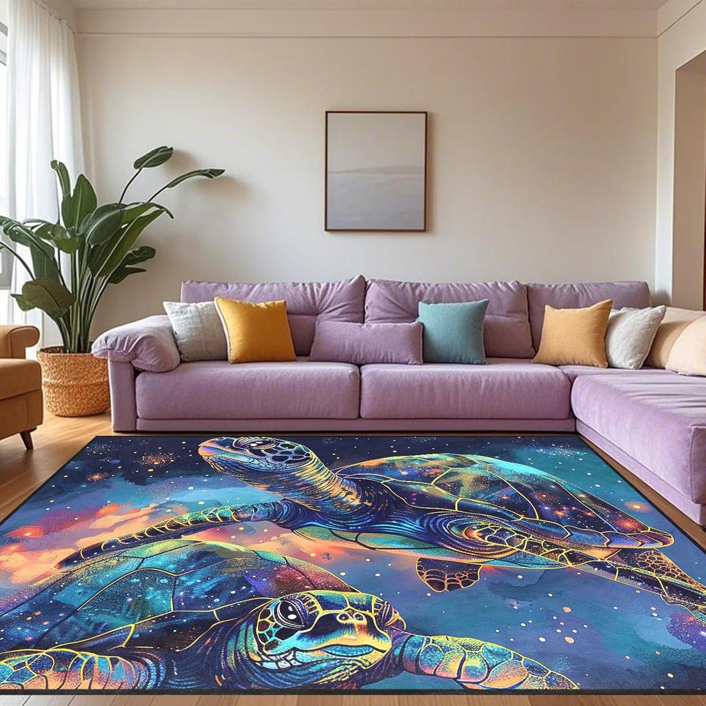 Galaxy Theme Sea Turtle Rug for Kids Bedroom, Animal Print Playroom Carpet, Non-Slip Floor Mat for Children