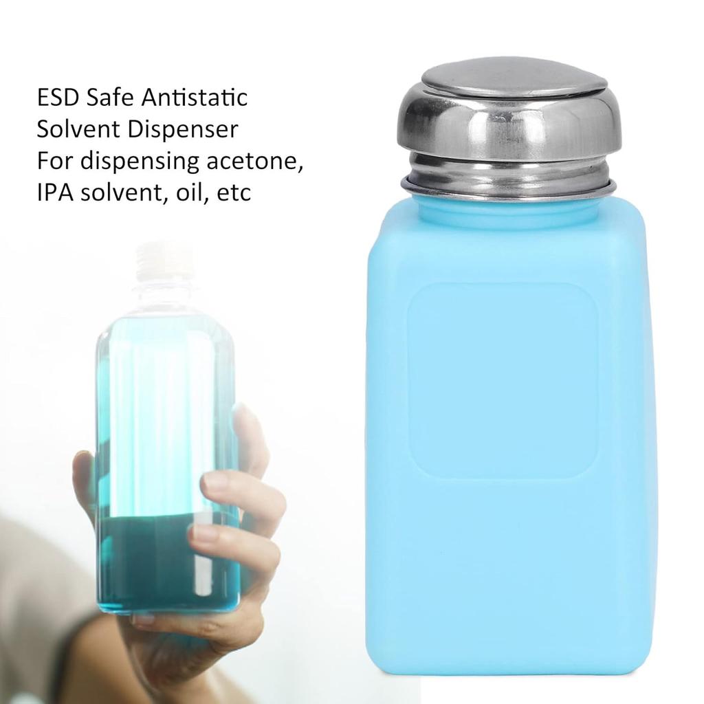 Dispensing Bottle, HDPE Stainless Steel Dispenser Pump, ESD Safe One Touch Dispenser Pump Bottle, 200ml 6.7oz Square and Static Dissipative, Press