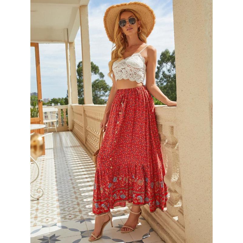 Women's Summer High Waist Printed Buckle Split Holiday Halter Skirt