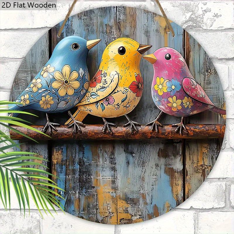 Rustic Colorful Birds Wooden Signs - Retro Circular Decorative Plaque - Ideal Hanging Ornament for Home Wall Club Cafe - Perfect for Room Decor