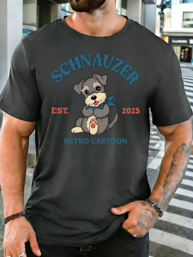 Unisex Retro Schnauzer Puppy Letter Graphic Cotton Short Sleeve Tee Crew Neck Soft Male Summer Casual Breathable Daily Street Top