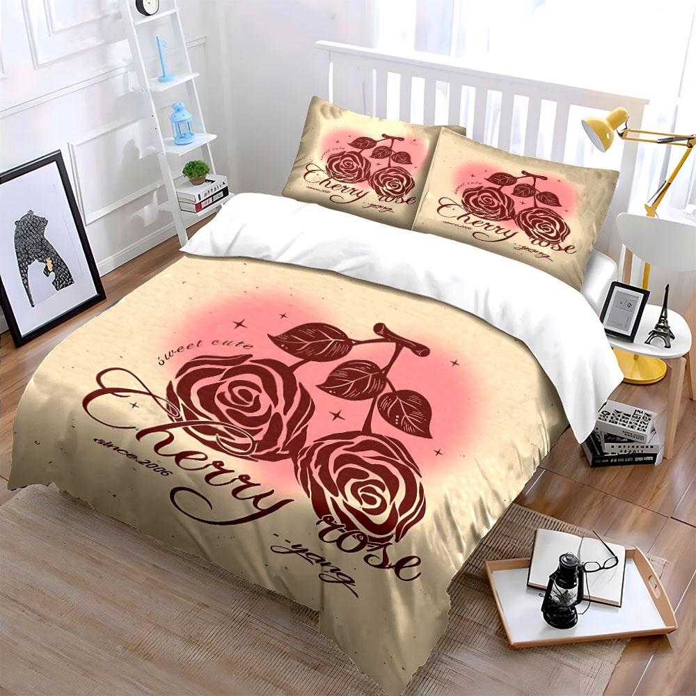 Cherry Rose Floral Design Bedding Duvet Cover Set Duvet Cover Pillowcases (1*Duvet Cover 2*Pillowcases, without duvet insert)