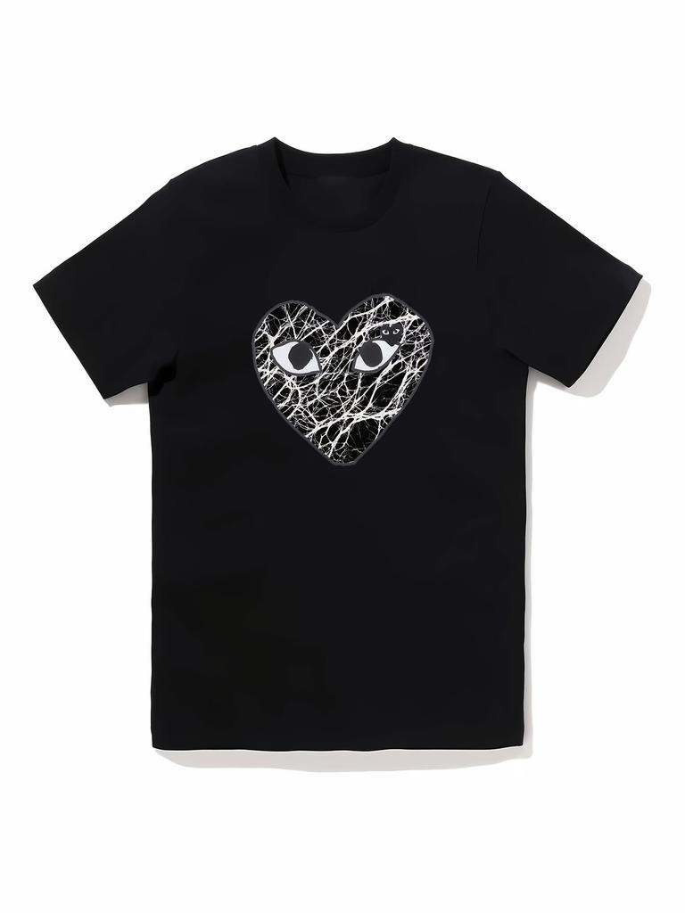 Unisex Black T Shirt Classic Broken Web Heart Print Short Sleeve Oneck Casual Streetwear Top