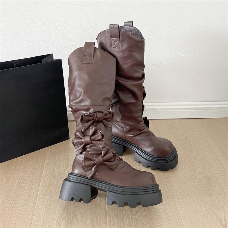 

Fashion Vintage Height Increase Women Knee High Boots Fashion Butterfly-knot Ladies Thick Heel Long Knight Booties Autumn Winter 35 коричневый