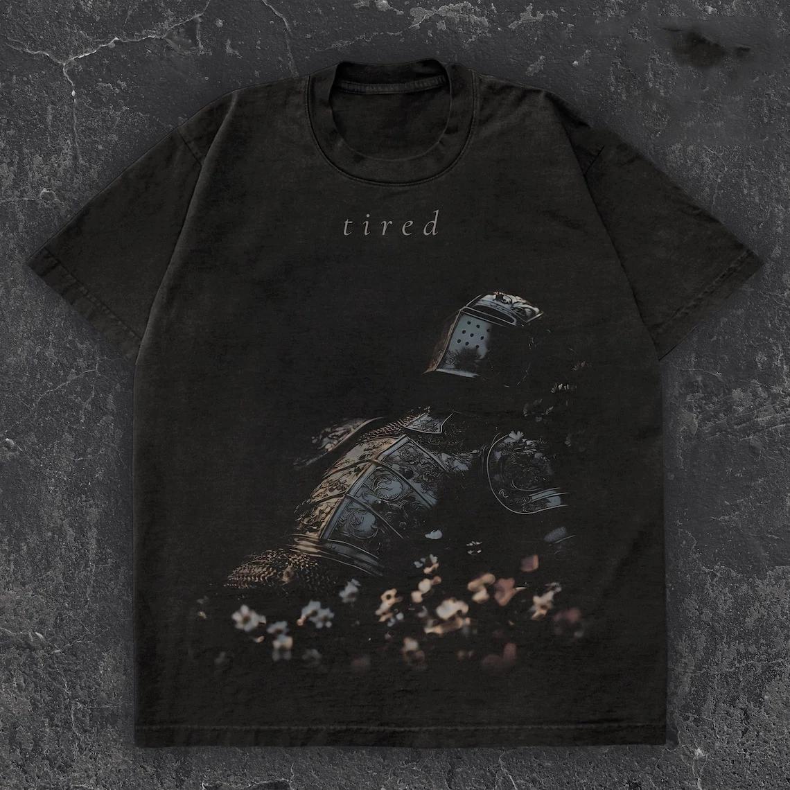 

Retro Gothic Style Tired Knight TShirt Game Theme Unisex Loose Fit Pure Cotton Couple Streetwear Shirt graphic t shirts M