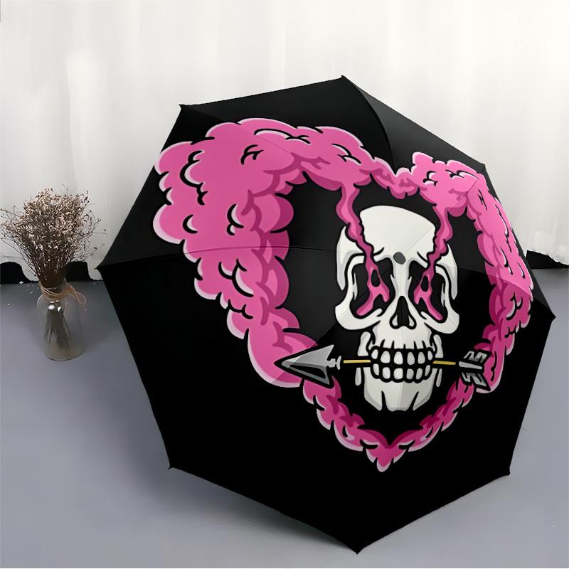1pc Heart Skull Fashionable Automatic Opening/Closing Folding Umbrella with 8 Bones, Windproof Portable, Daily Use098