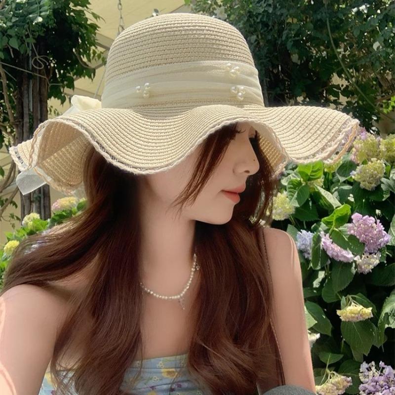 Wave Edge Lace Pearl Bow Straw Hat Women's Summer Seaside Sunshade Sunscreen Hat Large Brim Sun Hat Tide