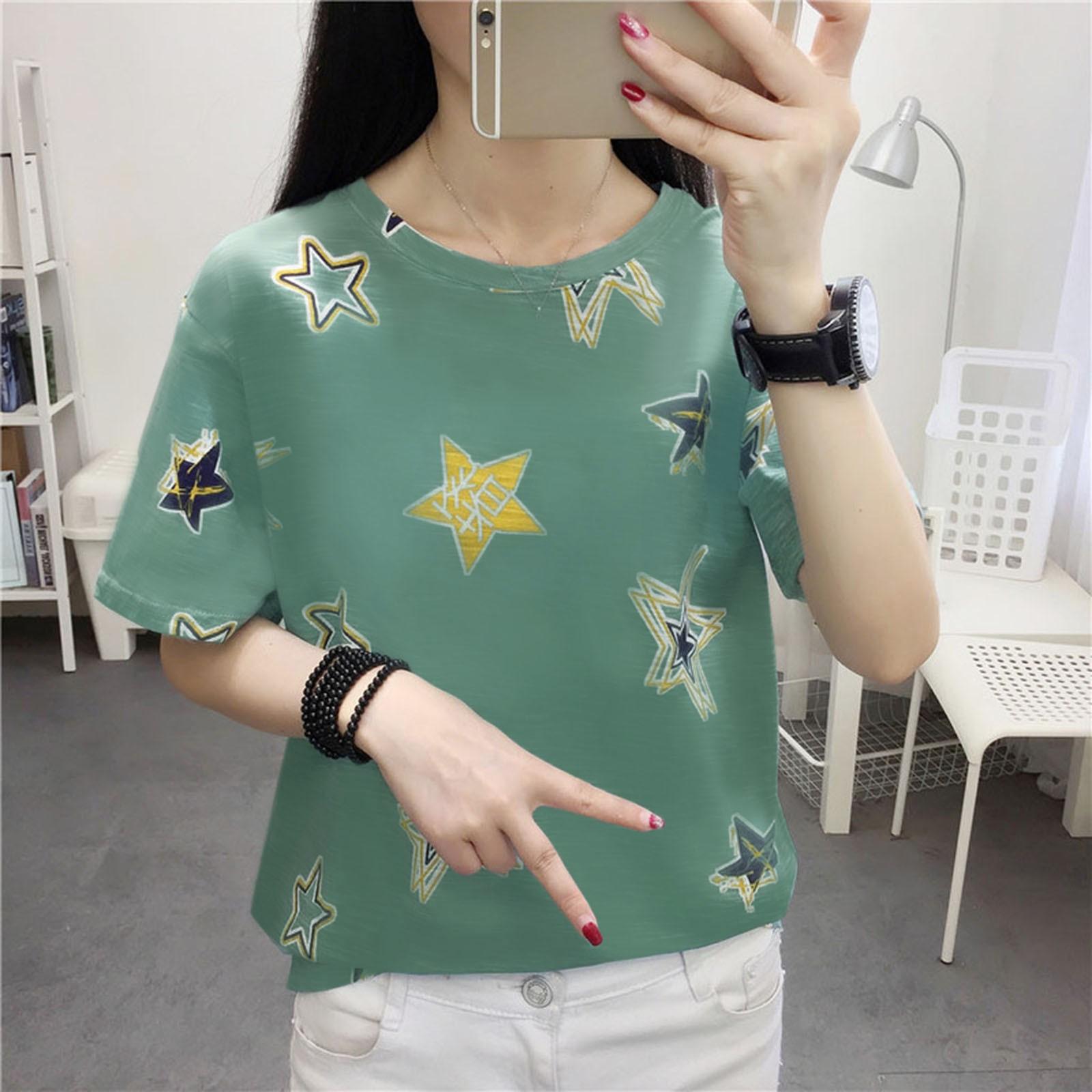 

Women Star Printed Short Sleeve Blouse Loose Casual Tops Girls T-Shirt Tunic XL зелёный
