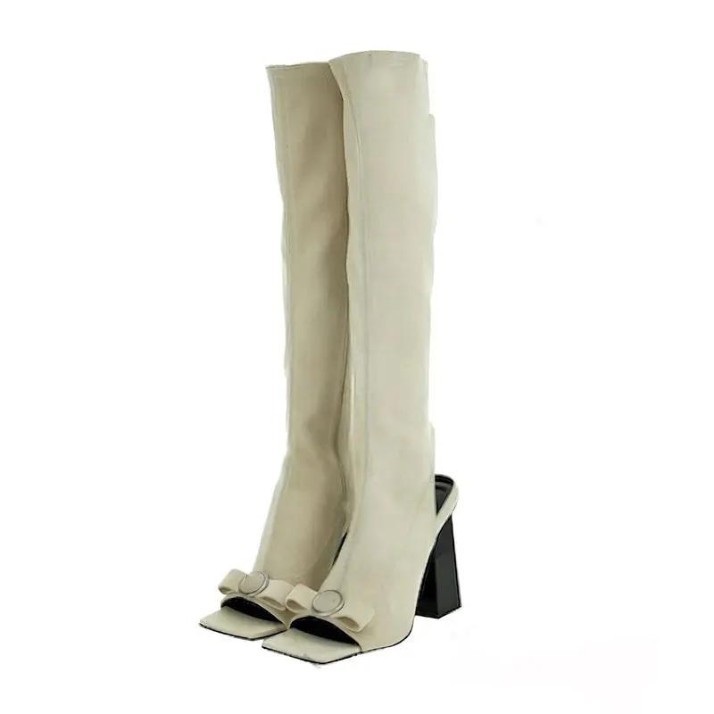 Fashion Walking Show High Heel Open Toe Fish Mouth Cool Boots 2025 Spring Autumn New Women Square Head Bow Decoration Knee Long Boots 44