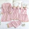 5 Pieces/Set Silk Satin Sleepwear Women Girls Sexy Pajamas Set Lace Sleep Nightwear Homewear Accessories
