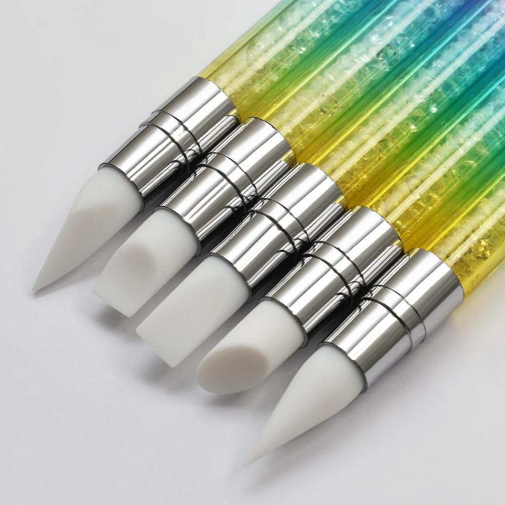 5-Piece Double-Ended Nail Art Silicone Pen Set with Rhinestones - Hollow Carving, Embossing, Smearing, and Mirror Powder Brushes.