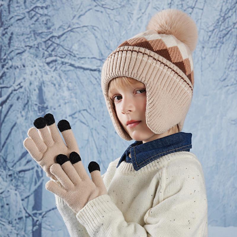 Children Winter Hat Gloves Set Faux Fur Ball Kids Beanie with Earflaps Thicken Warm Children Knitted Cap Suit 4-10Y