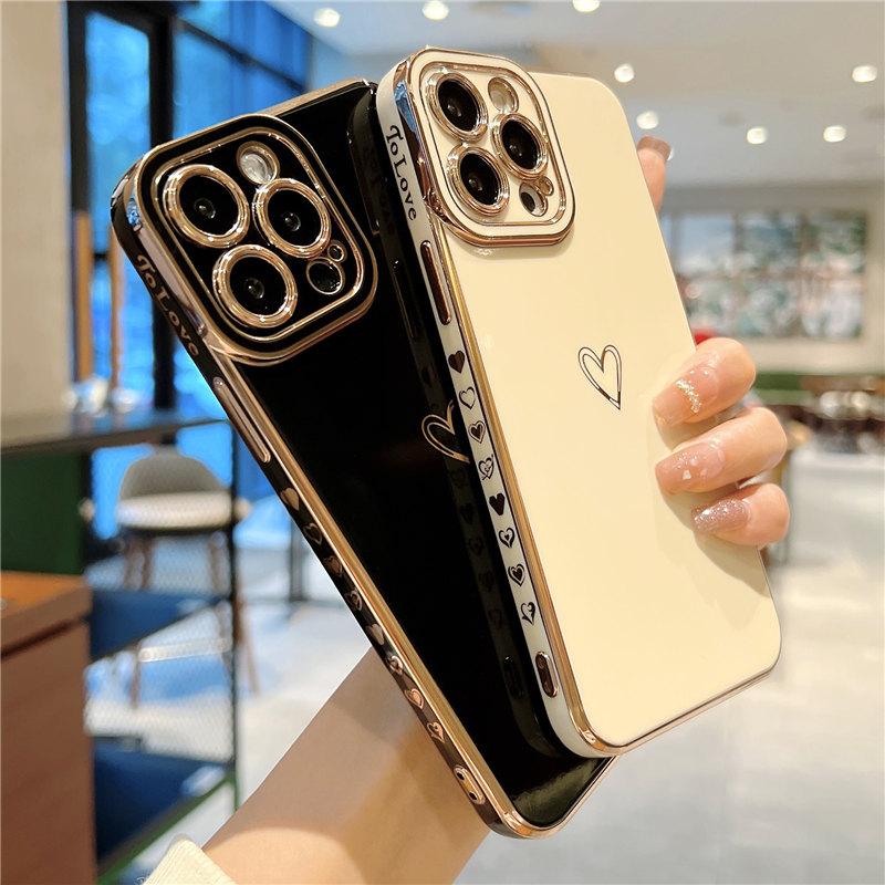 Funda Suave Electrochapada con Corazón de Amor para iPhone 13 Pro Max 12 11 Xs Max X Xr 7 8 Plus 12 Pro Cubierta Electrochapada con Protección para la Cámara