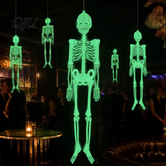 Glow Skeleton for Window Halloween Decor, 90cm-1.5m Fluorescent Fake Skull Prop Hanging Ghost Decorations Haunted House, Articulated Plastic Bar Party