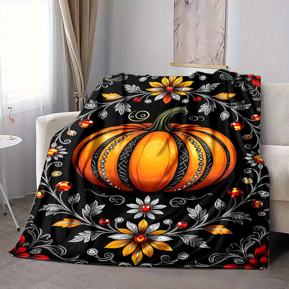 1pc Pumpkin Floral Blanket, Lightweight Flannel Throw Blanket for Sofa, Bed, Travel, Camping, Living Room, Office, Couch, Chair, and Bed