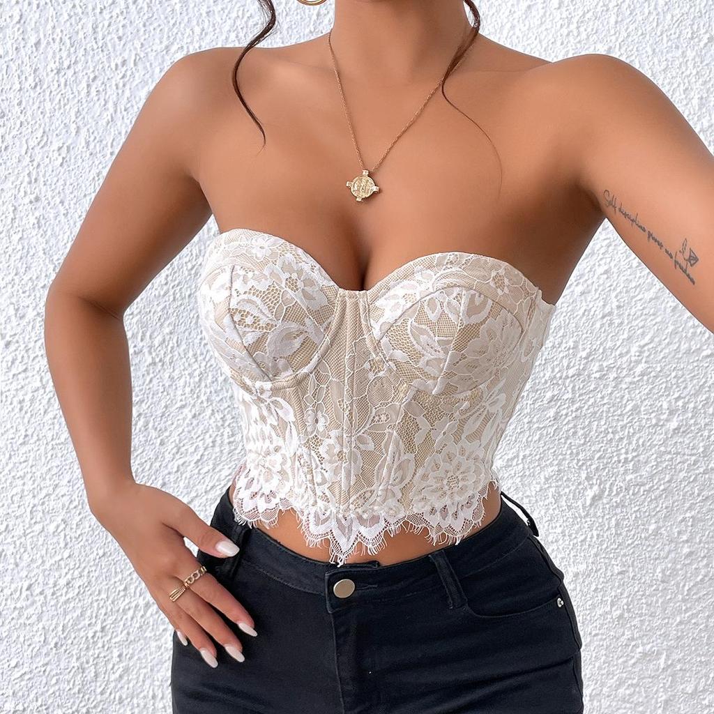 High-End Sexy Lace Eyelash Floral Tube Top for Women 11075