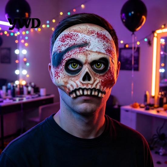 Full Head Mask Realistic Halloween Skull with Bandages And Blood Stains, Scary Latex Horror Prop Half Face for Haunted House Cosplay, Zombie