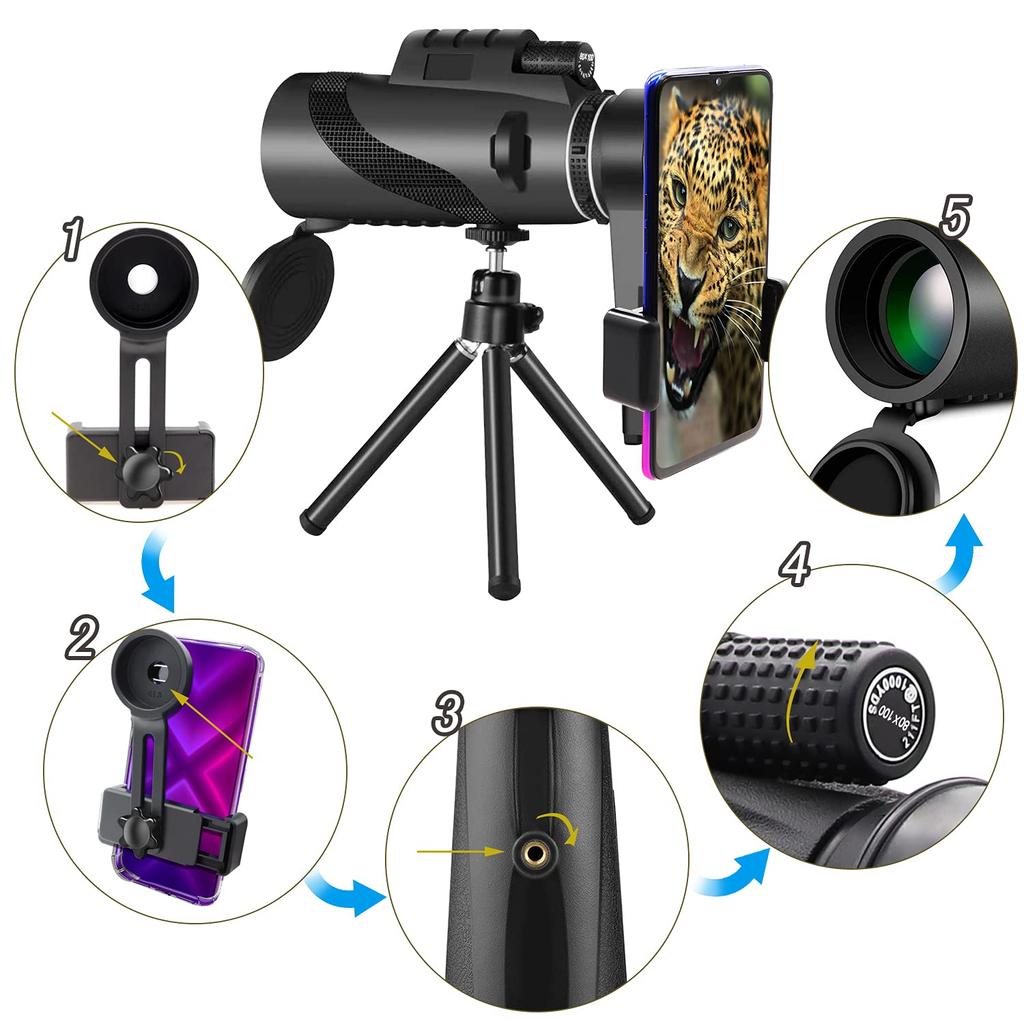 Zhitisumsli Monocular 80x100 Telephoto Smartphone Large Bird Nature Mountaineering Waterproof, Fogproof, Shockproof, High-Magnification Lens,