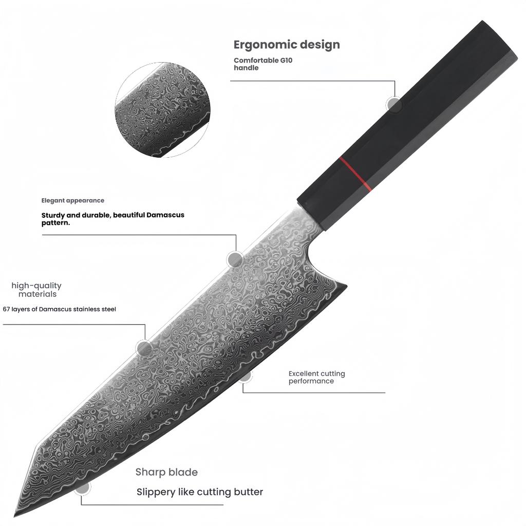 Damascus steel knife, professional Japanese knife with ergonomic handle, high-hardness kitchen knife suitable for home and resta